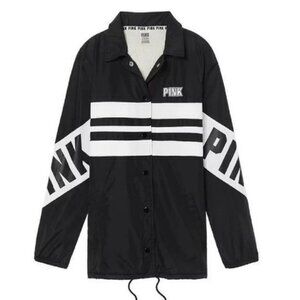 Victoria's Secret Pink Sherpa Lined Snap Button Coaches Jacket Black Logo Small
